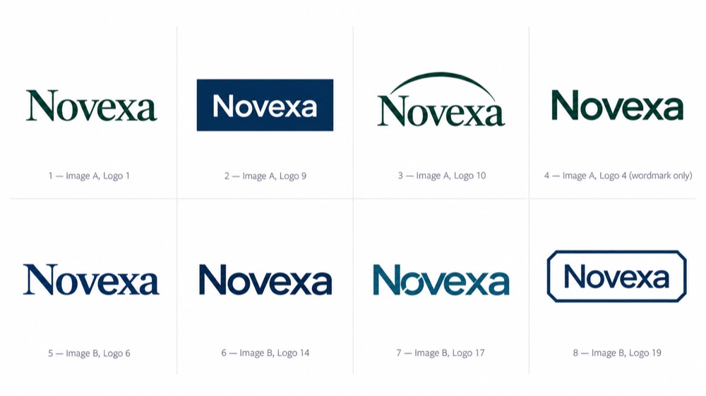 Eight Novexa wordmarks: green and navy serifs and sans-serifs, one in a navy box, one with an arc, one teal, one in a frame